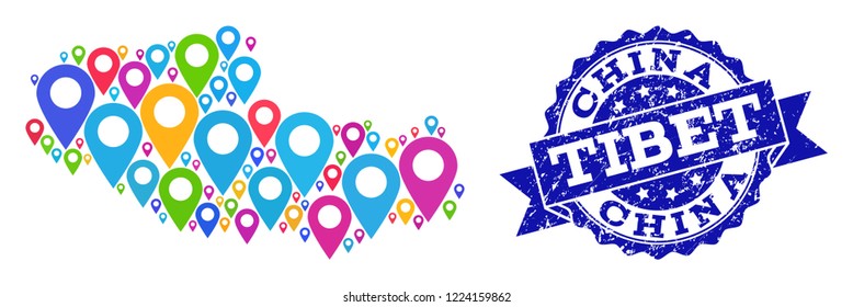 Compositions of colorful map of Tibet and grunge stamp seal. Mosaic vector map of Tibet is created with colorful map pins. Abstract design elements for site purposes. Blue stamp contains rosette,