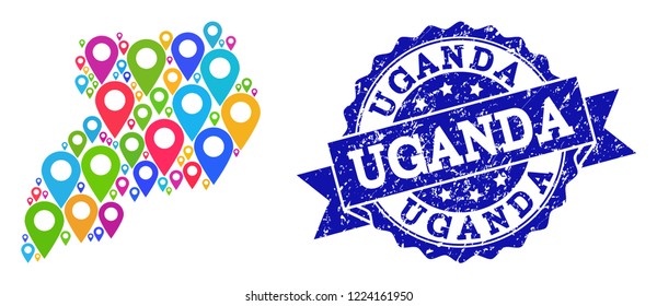 Compositions of colorful map of Uganda and grunge stamp seal. Mosaic vector map of Uganda is composed with colorful site pointers. Flat design elements for site illustrations.