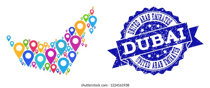 Compositions of colorful map of United Arab Emirates and grunge stamp seal. Mosaic vector map of United Arab Emirates is designed with colorful map pointers.