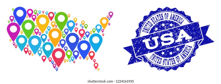 Compositions of colorful map of USA and grunge stamp seal. Mosaic vector map of USA is designed with colorful site pins. Flat design elements for site illustrations. Blue stamp contains rosette,