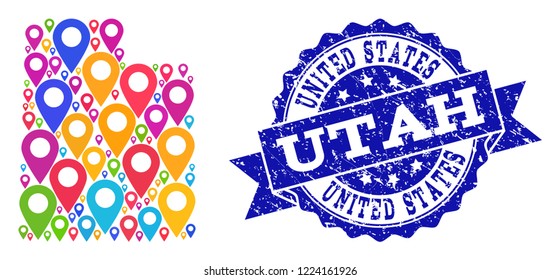 Compositions of colorful map of Utah State and grunge stamp seal. Mosaic vector map of Utah State is created with colorful site markers. Abstract collage for site applications.