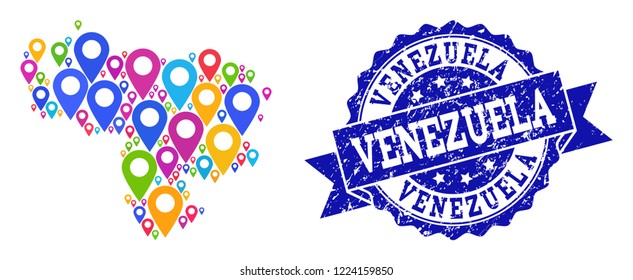Compositions of colorful map of Venezuela and grunge stamp seal. Mosaic vector map of Venezuela is designed with colorful site pointers. Flat design elements for site wallpapers.