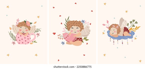 Composiciones con lindos cúpidos en diferentes poses, un ángel de ensueño en una nube, cupido sosteniendo una postal y sentado en una taza, hojas y flores alrededor. Pequeños ángeles como símbolo de amor. Vector