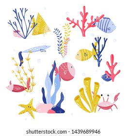 Compositions with fishes, underwater creatures, crab, shells, starfish, sea plants, seaweeds. Vector illustration of nature wildlife for kids