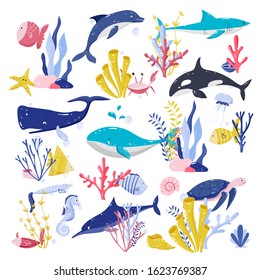 Compositions with fishes, underwater creatures, crab, shells, starfish, sea plants, seaweeds, seahorse, dolphins, whales. Vector illustration of nature wildlife for kids