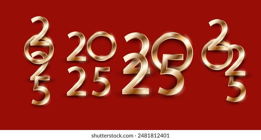Compositions from golden numbers 2025 on red,vector set.Collection of 2025 new year symbol for calendar, flyer and banner