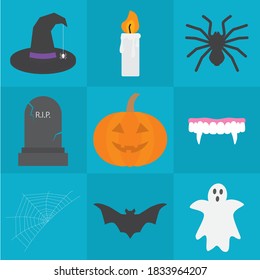 compositions of halloween icons; jack-o’-lantern, witch hat, grave, ghost, spider, vampire jaws, candle, bat- vector illustration
