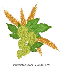 Composiciones de hojas y frutos de lúpulo y trigo o cebada. Planta de hierba de lúpulo para cervecería de cerveza. Rama de lúpulo. Para el diseño de un cartel, menú de una cervecería artesanal.