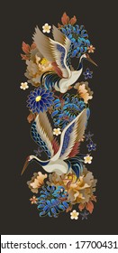 Compositions with mandarin ducks, flowers and cranes. Vector.