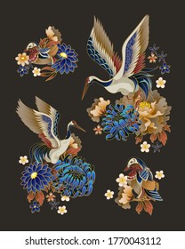 Compositions with mandarin ducks, flowers and cranes. Vector.