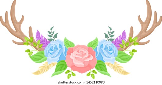 Compositions of pink and blue roses, brown deer horns and green leaves. Vector illustration on white background.