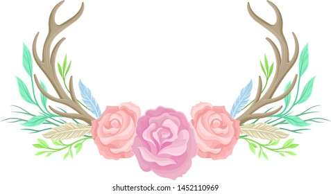 Compositions of pink flowers, horns, feathers and leaves. Vector illustration on white background.