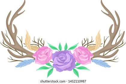 Compositions of pink and purple roses, horns, feathers and twigs. Vector illustration on white background.