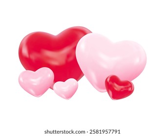 Compositions of pink and red Valentines Day hearts. Symbol of love, romantic relationships. Vector Illustration for design Valentines Day, wedding, romantic events