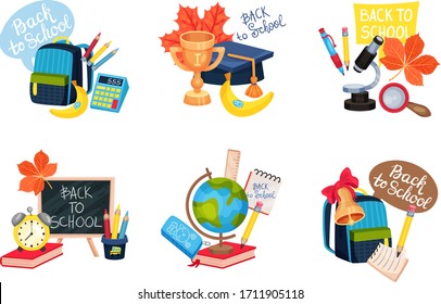 Compositions of School Supplies with School Bag and Calculator Vector Set