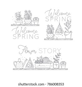 Compositions with shelf flat icon plants in pots lettering welcome spring, flower story