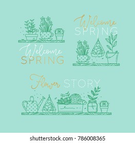 Compositions with shelf flat icon plants in pots lettering welcome spring, flower story drawing with menthol on turquoise background