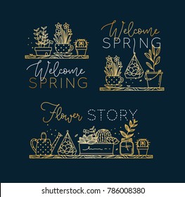 Compositions with shelf flat icon plants in pots lettering welcome spring, flower story drawing with gold on dark blue background