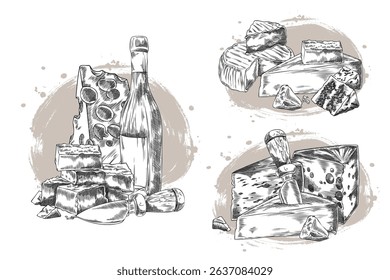 Compositions sketch vector set of different cheeses with bottle of wine and cheese knife. Hand drawn of emmental, maasdam, camembert, gorgonzola and parmesan cheese pieces. Milk food production