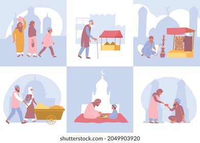 Composiciones de algunas escenas del pasatiempo de hombres y mujeres en una ciudad árabe ilustración vectorial plana