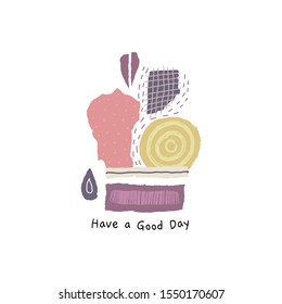 Compositions with torn paper decorated paint and ink spots. Different shapes with rough ribbed and jagged edges. Grunge texture. Applique of scraps with stains. Cover, card, label, poster. Vector