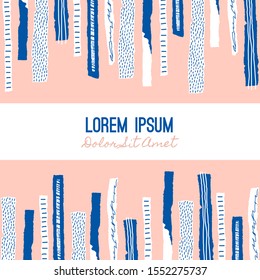 Compositions with torn paper decorated paint and ink spots. Different shapes with rough ribbed and jagged edges. Grunge texture. Applique of scraps with stains. Cover, card, label, poster. Vector