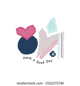 Compositions with torn paper decorated paint and ink spots. Different shapes with rough ribbed and jagged edges. Grunge texture. Applique of scraps with stains. Cover, card, label, poster. Vector