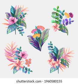 Compositions of tropical leaves and flowers. Hand drawing. Isolated drawing.