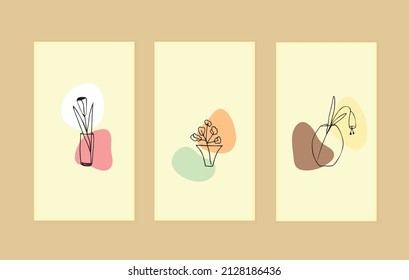 Composiciones de jarrones con plantas y flores con puntos multicolores. Resumen de diseño de arte bohemio con líneas.Una plantilla de postal, un banner para imprimir o un logotipo. Ilustración del vector