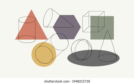 Compositions of wireframe solid shapes and color geometric figures. Abstract art background.