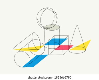 Compositions of wireframe solid shapes and color geometric figures. Abstract art background.