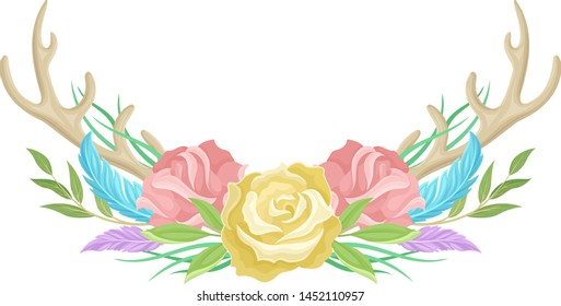 Compositions of yellow roses, beige antlers, feathers and leaves. Vector illustration on white background.