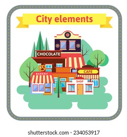 The compositiThe composition of the buildings and trees for the city, street, park in a flat styleon of the buildings and trees for the city, street, park in a flat style