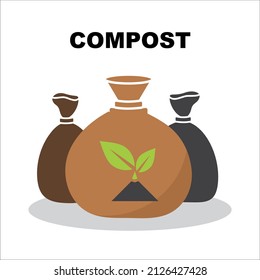 Compost bag icon. Fertilize sack symbol, compostable sign with plant silhouette, dirt bags pictograms, garden soil concept
