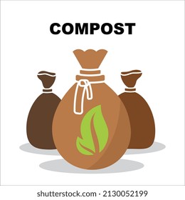 Compost bag icon. Fertilize sack symbol, compostable sign with plant silhouette, dirt bags pictograms, garden soil concept