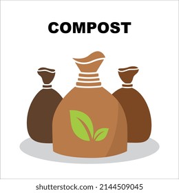 Compost bag icon. Fertilize sack symbol, compostable sign with plant silhouette, dirt bags pictograms, garden soil concept
