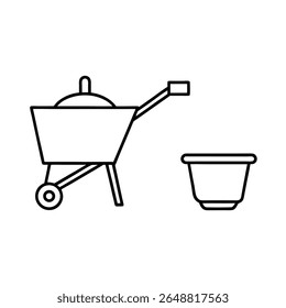 Compost bin beside wheelbarrow detailed outline in line art Vector illustration