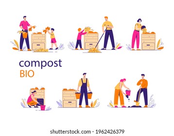 Compost bin with bio-recycling of waste. A pile of waste for organic fertilizers. Gardeners people next to the box. Set of vector illustrations in flat style.