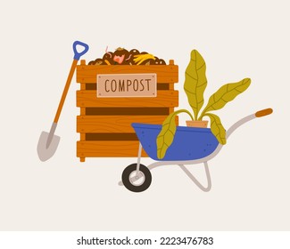 Compost bin, flower pot, shovel, houseplant, wheelbarrow. Concept of eco gardening, tools for growing plants, houseplants, composting. Compost cycle.