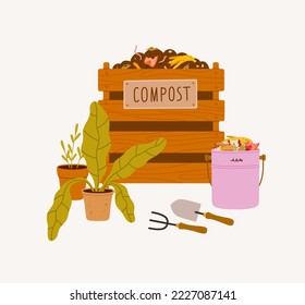 Compost bin, flower pots, shovel, rake, houseplant, kitchen composter. Concept of eco gardening, tools for growing plants, houseplants, composting. Compost cycle.