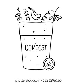 Compost bin icon. Hand drawn doodle style. Vector illustration isolated on white. Coloring page.