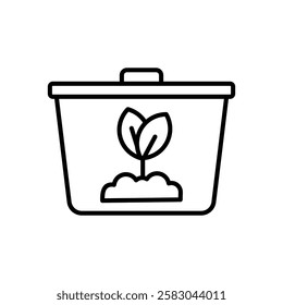 Compost Bin line icon, Black and white compost bin icon suitable for ecofriendly concept designs, recycling campaigns, waste management graphics, environmental awareness materials.