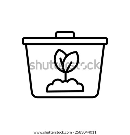 Compost Bin line icon, Black and white compost bin icon suitable for ecofriendly concept designs, recycling campaigns, waste management graphics, environmental awareness materials.