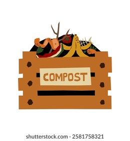 Compost bin with organic food scraps like banana peels, watermelon rinds, and fish bones. Represents sustainability, waste reduction, recycling, and environmental conservation. Vector illustration.