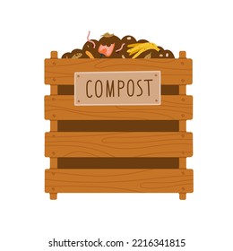 Compost bin with organic garbage, worms, and a sign with the inscription compost.   Ecological recycling, responsible consumption. Organic waste for domestic composting.