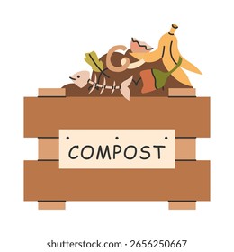 Compost bin with organic kitchen waste. Wooden garden container filled with fruit and vegetable scraps for sustainable recycling and composting. Vector.