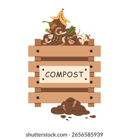 Cubo de compost con residuos orgánicos de cocina. Contenedor de madera para jardín lleno de restos de frutas y verduras para el reciclaje y compostaje sostenible.