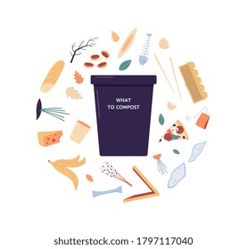 Compost bin surrounded with symbols of organic waste, flat vector illustration isolated on white background. Emblem or logotype of waste recycling and composting.