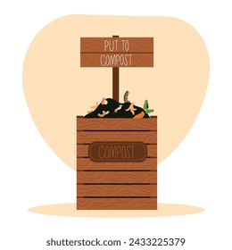 Compost bin with wooden sign. Put organic garbage to compost. Sorting trash concept