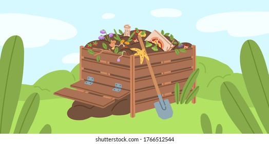 Compost box with bio recycling garbage vector illustration. Pile of waste products for organic fertilizer. Agricultural gardening recycle. Bin with natural trash to reduce environmental pollution